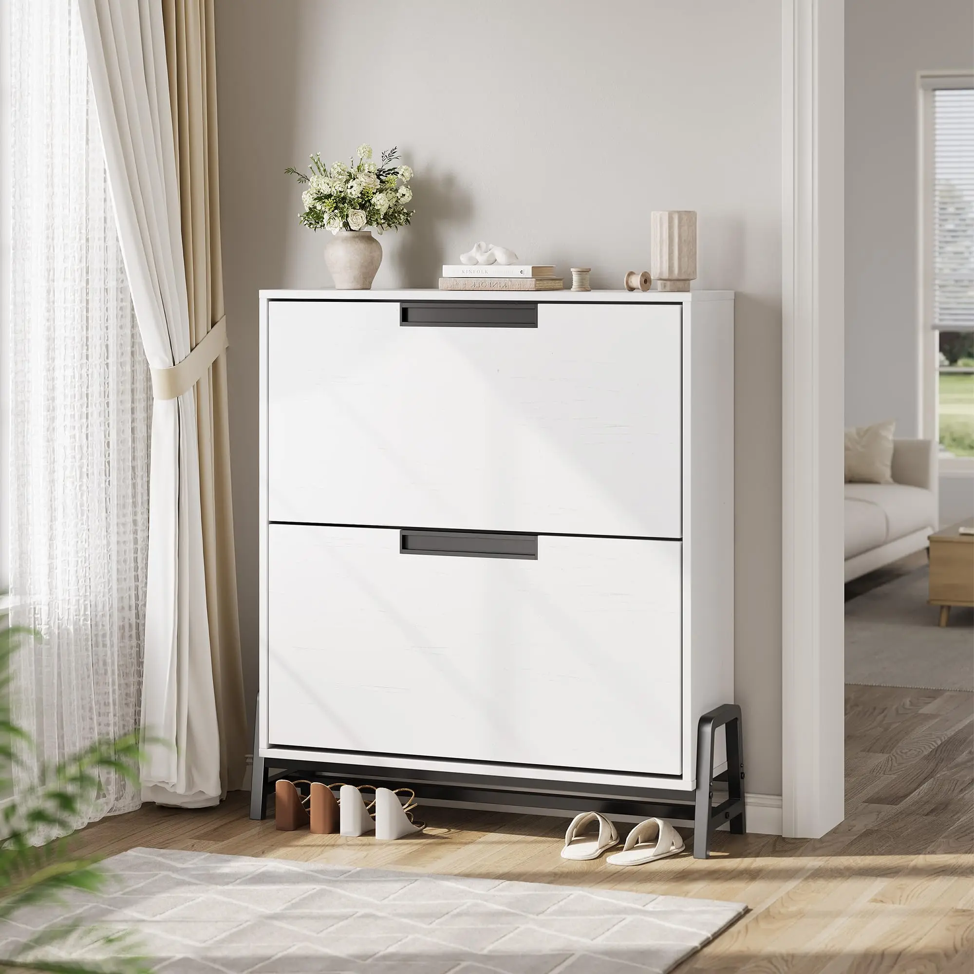 Shoe Storage Cabinet with 2 Flip Drawers, Freestanding Shoe Organizer with Metal Legs, Narrow Shoe Rack Cabinet