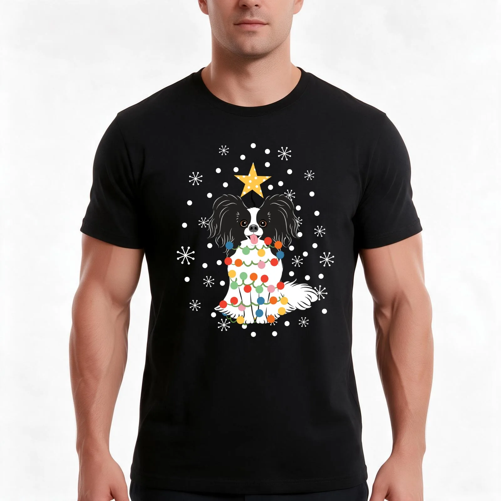 Black White Papillon Dog Christmas Tree T-Shirt, Summer Casual Cotton Tee, Oversized Streetwear Tops, Vintage Graphic Print