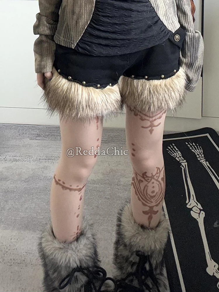 ReddaChic Women's Low Waist Fur Short Pants Retro Black Corduroy Wide Leg Studded Fuzzy Cargo Shorts Grayu Harajuku Streetwear