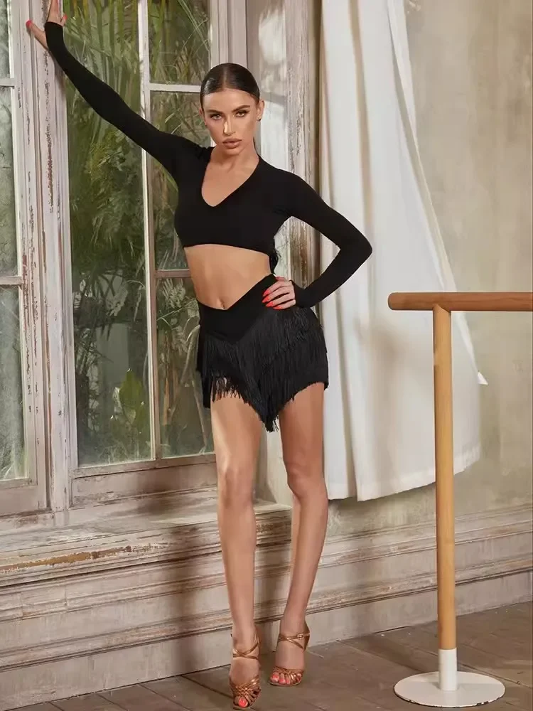 ZYM Latin Dance Top แขนยาว Mini Latin เต้นรําสวมใส่ V คอสีดําสีชมพูสีน้ําตาล ZYMdancestyle # 24066