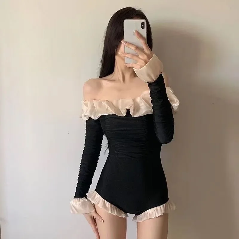 

Black French Vintage Pure Desire Fairy Long Sleeve Swimsuit Women's Style Hot Spring Conservative Slimming Swimwear
