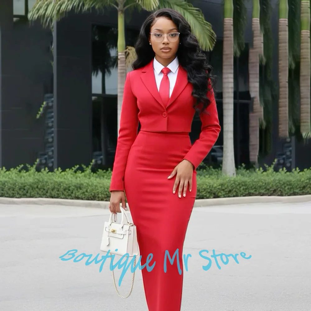Professional Women's Red Cropped Blazer+Bodycon Maxi Skirt Set Formal Office Lady Business Suit Single Button Two Piece Outfit