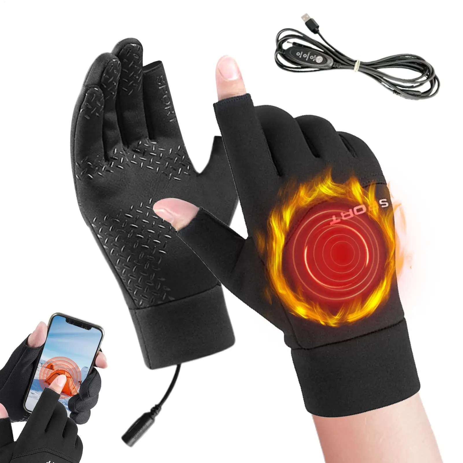 

USB Heating Ski Snowboarding Mitten Screen Touch Cold Weather Thermal Heated Gloves for Sports Outdoor Hiking Cycling Biking