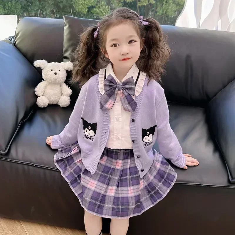 Setelan tiga potong gaya kuliah musim gugur setelan anak perempuan Anime Sanrio Kuromi JK rok berlipat anak-anak lucu hadiah sweter Festival