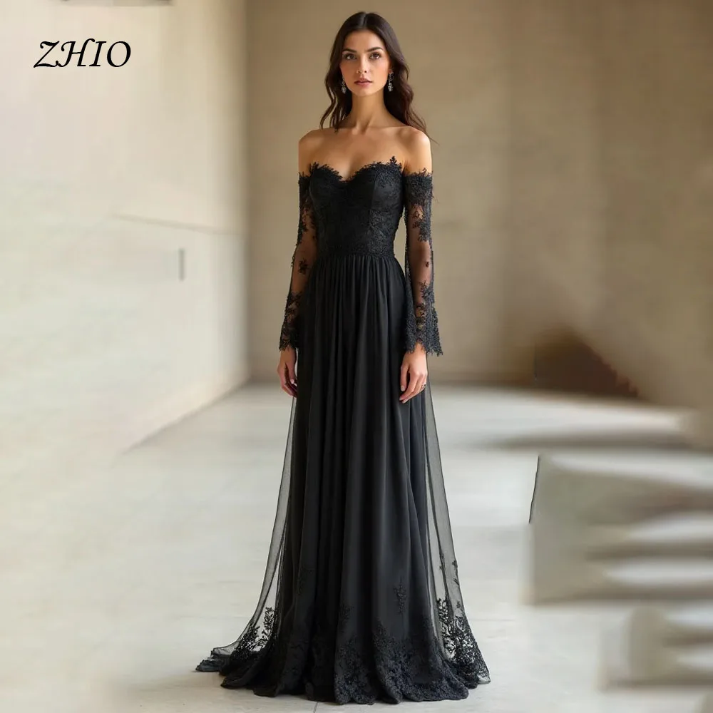 

ZHIO Black Prom Dresses Luxury Lace Embroidery Evening Dress Vestidos Fe Fiesta Tulle Wedding Frmal Party Dresses Customized