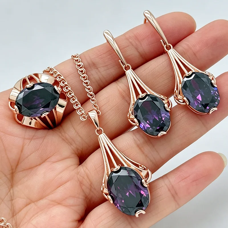 Kinel Hot Big Purple Natural Zircon Simple Ring Ohrringe Halskette für Damen Mode 585 Roségoldfarben Feines Vintage-Schmuckset