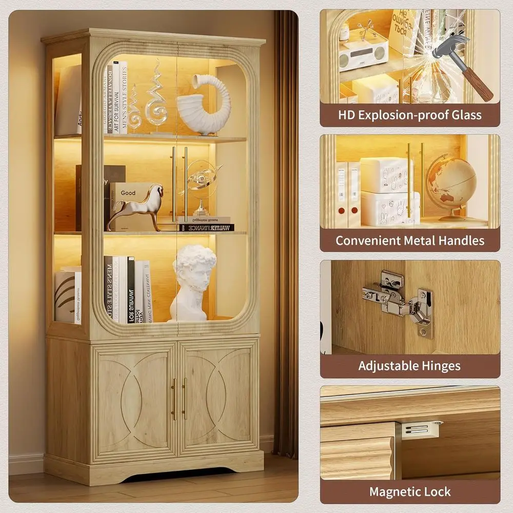 69 Oak 5-Tier LED-Lit Glass Display Cabinet with Human Body Sensor for Living Room view 5