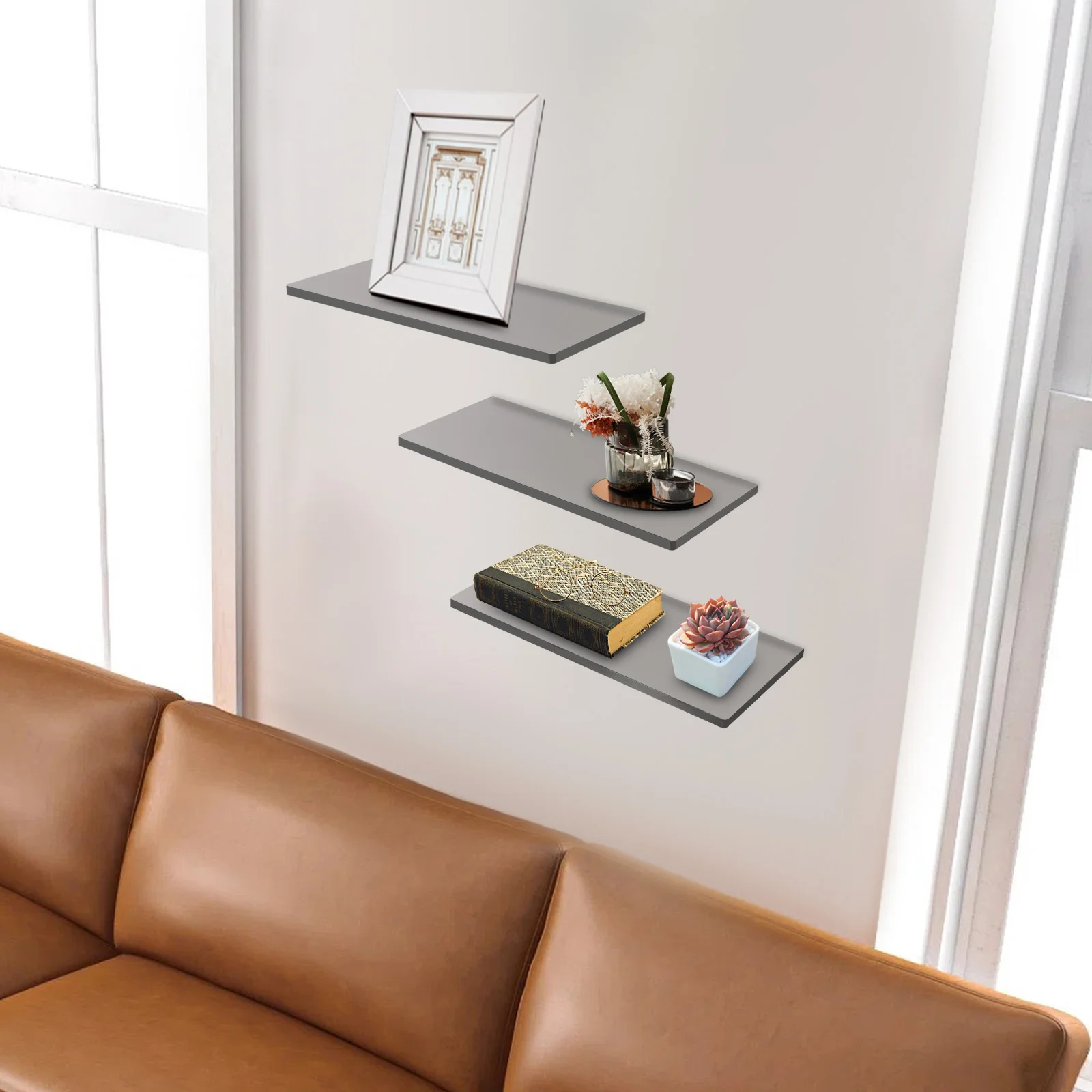 

Настенные акриловые полки из 3 штук, набор плавающих полок с закругленными углами, полированные для спальни, офиса, книги, фотодисплея