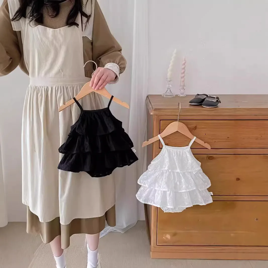 Baby Girl Summer Bodysuit Solid Color Eyelet Tiered Ruffle Spaghetti Strap Onesie Korean Style Cute Infant Outfit