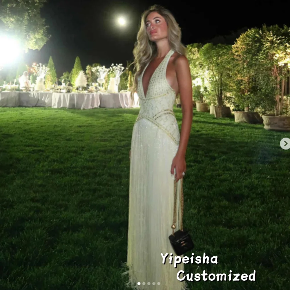 Op maat gemaakte prachtige gele chiffon avondjurk Elegante V-hals halter galajurk Klassieke rugloze jurken voor speciale gelegenheden