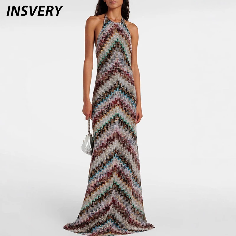 Nuovi abiti lunghi senza maniche con scollo all'americana per le donne Abito estivo da spiaggia stampato a righe in twill Abito da festa elegante da donna Boho