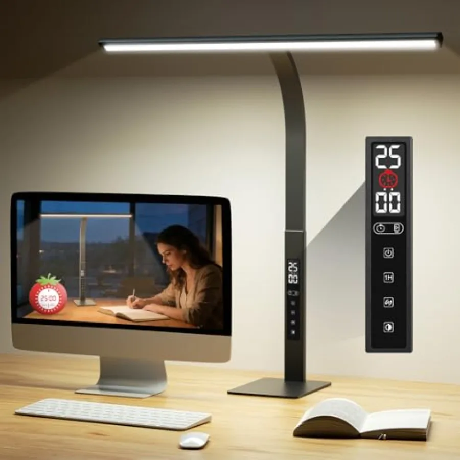 

LED Desk Lamp for Office Home: Pomodoro Timer Table Light with Base 1600 Lumen Bright - 5 Color Stepl Dimming for Reading Study