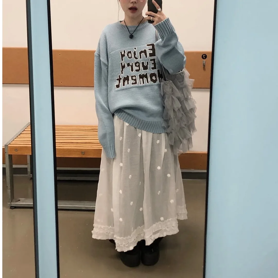 Korean Style Chic Summer 2026 Fashionable Versatile Casual Mesh 3D Flower Half Skirt Women's Midi Skirt with Poodle 