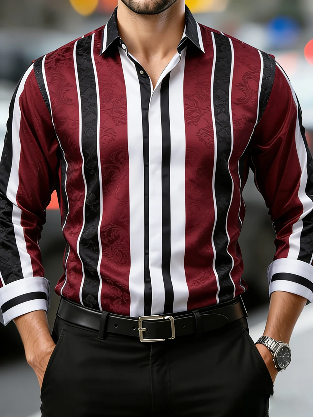 Men's Light Luxury Business Long-Sleeve Collar Shirt Stripe High-Definition Pattern Printed Shirt Hawaiian Vacation Men Clothing