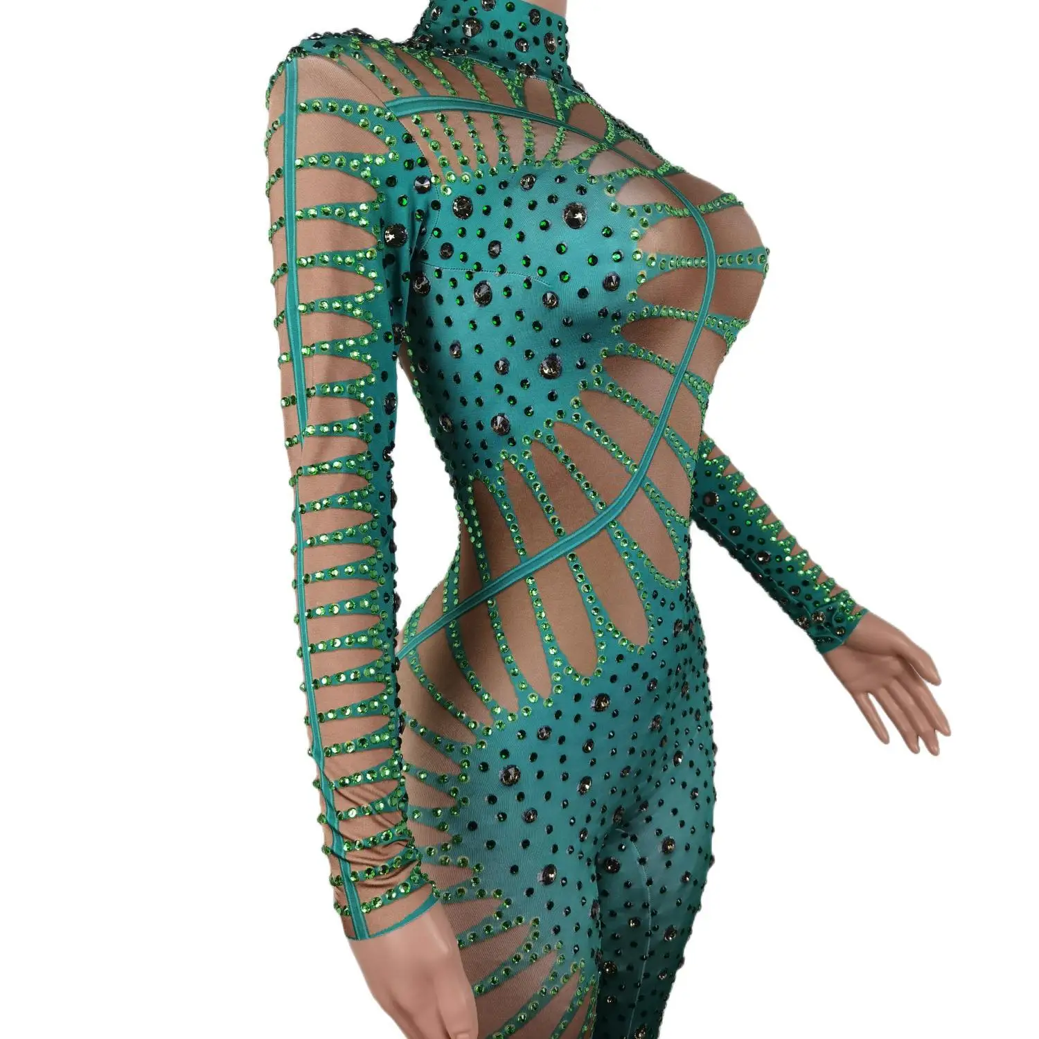 Woman Green Rhinestones Jumpsuit Nightclub Dancer Prom Performance Celebrate Outfit Evening Birthday Party Dresses Lvyecao