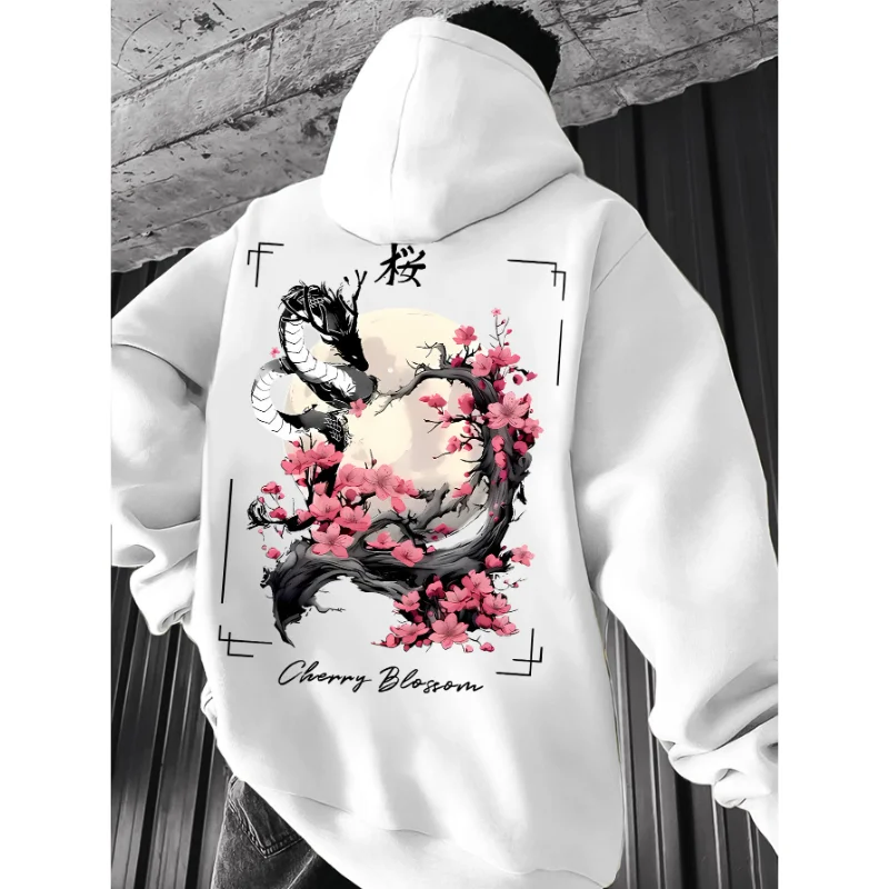 Dragon Sakura Cherry Blossom Print Hoodie Unisex Harajuku Streetwear Pullover Hooded Sweatshirt Men Women Casual Long Sleeve Top