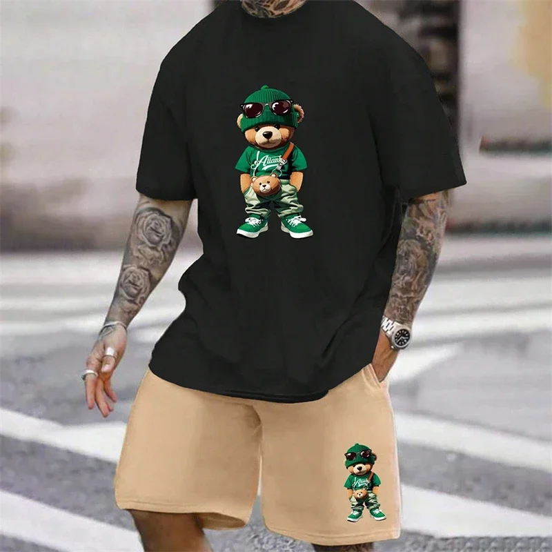 Fun Bear Harajuku T-Shirt Men's Summer Loose Daily Couple Suit Outdoor Street Short Sleeve Shorts Two Piece Men Summer Suit - view 5