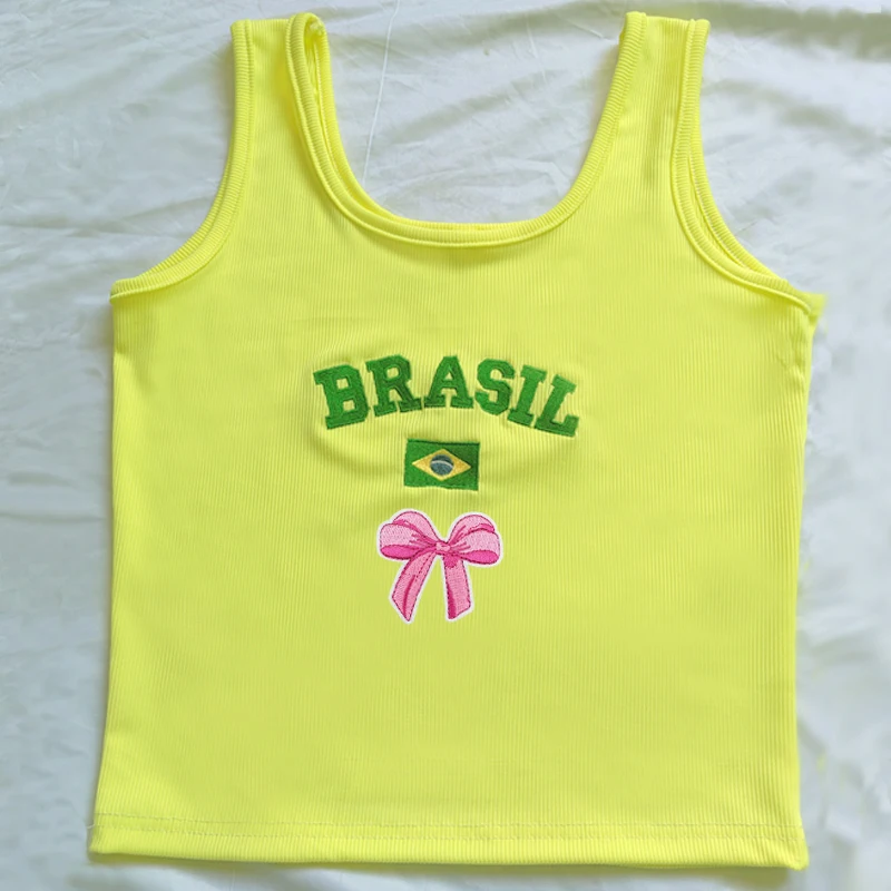 2025 Tops cortos amarillos con bordado de gráficos de mariposa, Top Y2K, camiseta ajustada de verano para mujer, ropa Sexy corta de calle