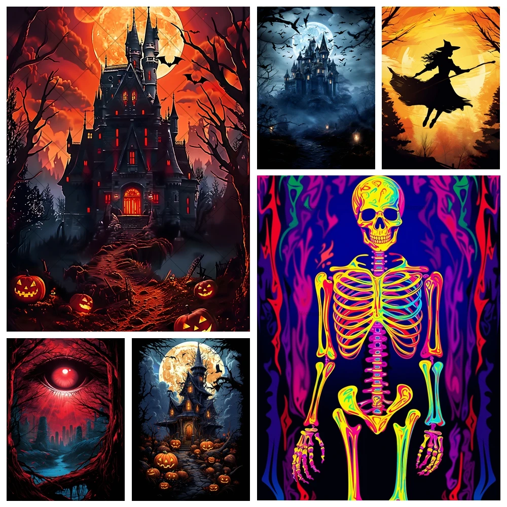 

Halloween Skeleton Castle Horror Night House Moon Family Party Vertical Backdrop Custom Adult Kids Photo Poster Decor Background