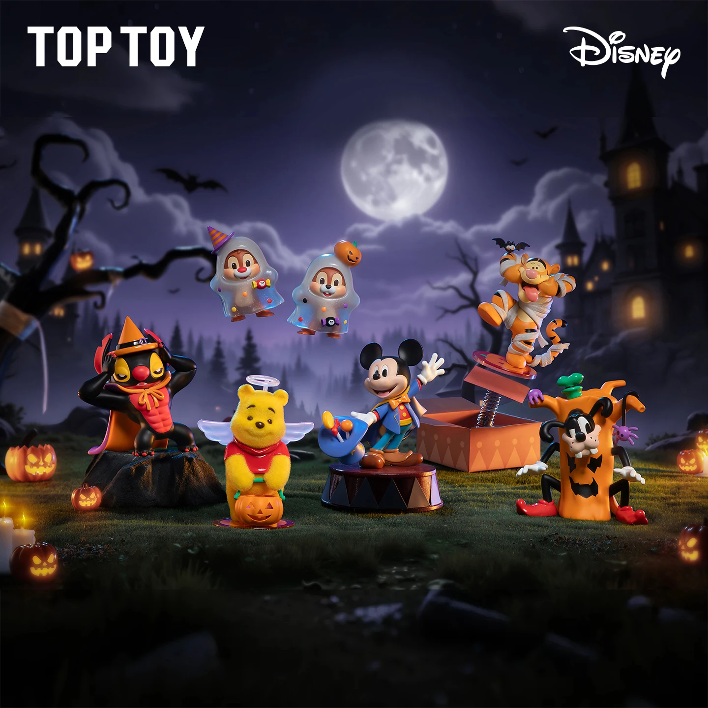 

Новая оригинальная серия Disney Halloween Night, Микки Гуфи Винни Стич, слепая коробка, милый настольный орнамент, слепая коробка, игрушки, подарки