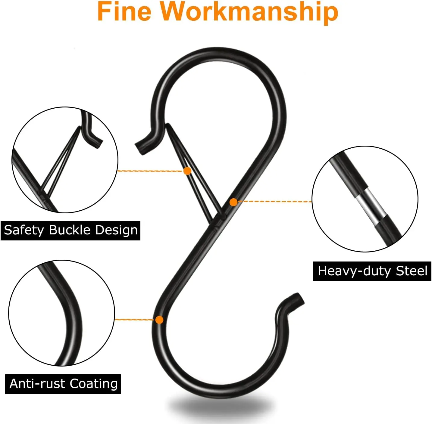 8-Pack 3.5" Black S-Hooks, Heavy Duty Metal with Safety Buckle for Hanging Plants, Kitchen Utensils & Clothing