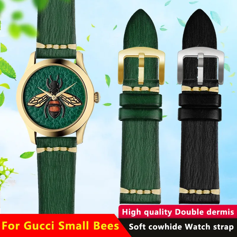 حزام ساعة من الجلد الطبيعي بتصميم عتيق من Small Bees لـ Gucci YA 1264065   حزام ساعة رجالي 20 22 ملم أخضر أسود أزرق عالي الجودة