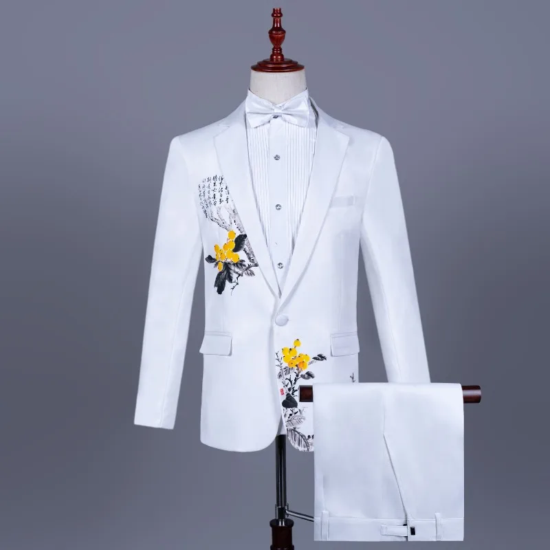 Men Suits Costumes White Chinoiserie Suit Gown Cantata Compere Singer Performance Mens Suits 2 Piece