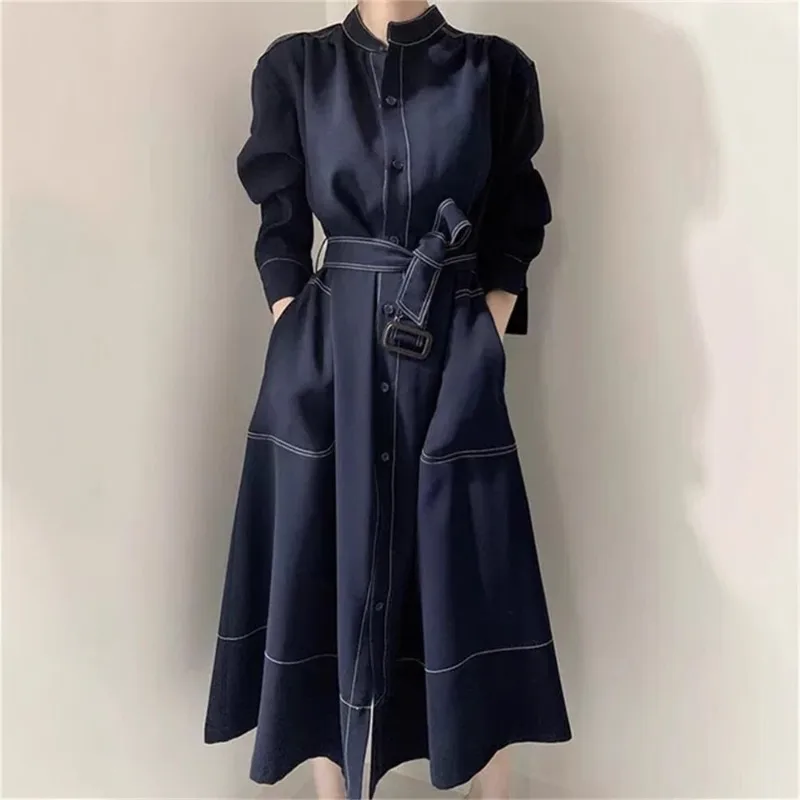 

2026 Spring and Summer Minimalism Elegant Stand-up Collar Bright Line Single-breasted Loose Strap Trench Coat Dress Long Dress