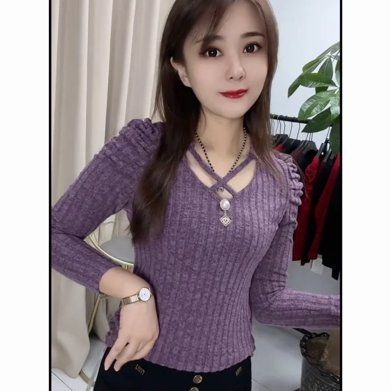 Women Spring Autumn Long Sleeve Ribbed Knit Top V Neck Cutout Cross Strap Detail Slim Fit Casual Pullover Tee Shirt Korean Style