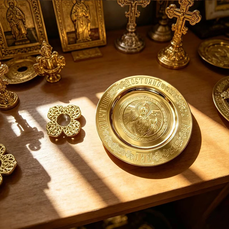 Gold Metal Orthodox Icon Plate Set with Ornate Cross in Gift Box for Home Altar Decoration Church Supplies Christian Gift 15cm