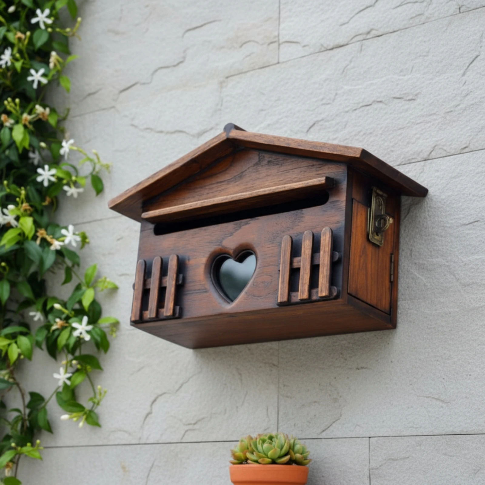 Wooden Mailbox Rainproof Decorative Wall Mailbox Household Fixture Weather-Resistant Outdoor Storage House-Shaped for Garden