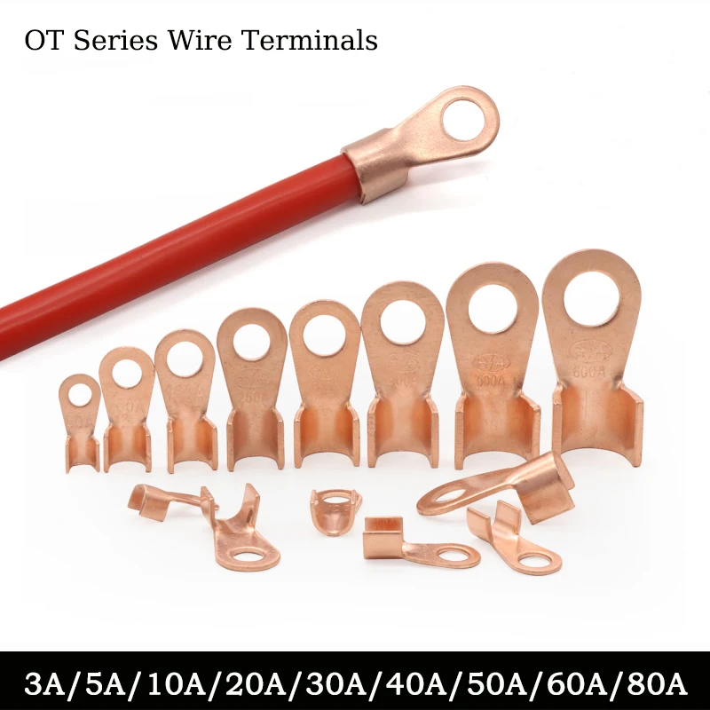 Wire Terminal OT Type 3A 5A 10A 20A 30A 40A 50A 60A 80A Red Copper Bare Nose Lugs Crimp Open Mouth Cable Connector Splice