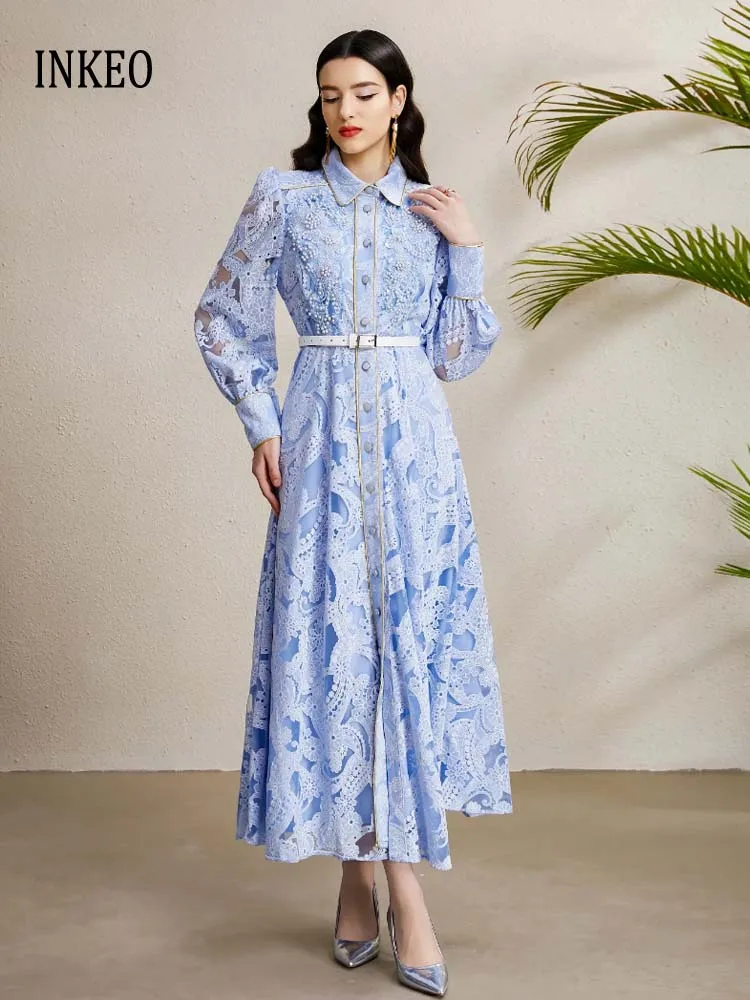 

Винтажное роскошное платье миди с жемчугом и вышивкой, женское осеннее элегантное кружевное прозрачное платье 2025 года с поясом INKEO 5D229