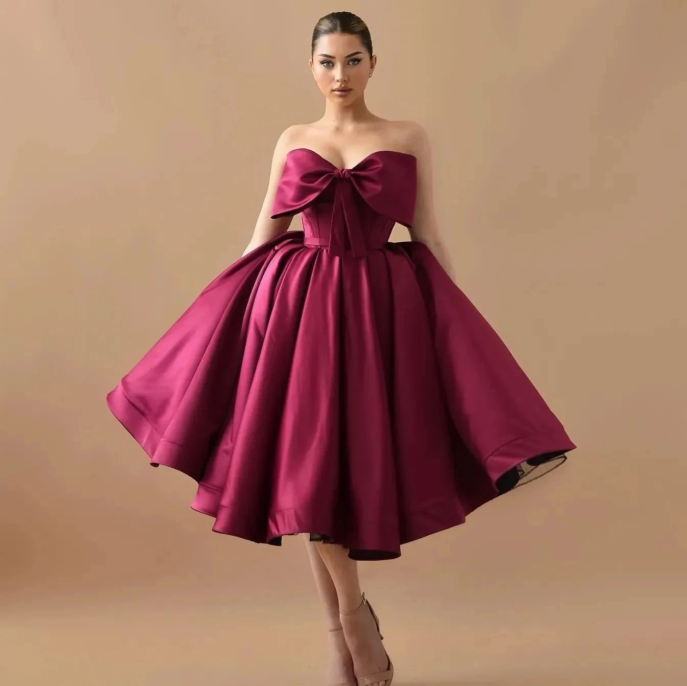 

Elegant Dark Red Short Evening Dress 2024 Bow Knot Neck Tea Length Satin Prom Formal Gowns Vestido De Gala Robe De Soiree