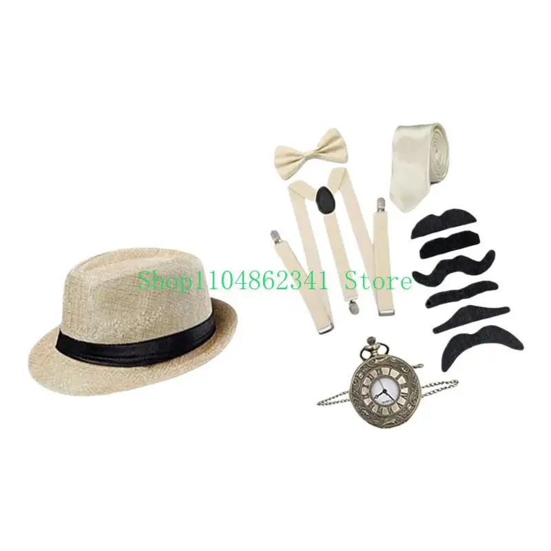 Costume da uomo anni '20 Cappello Fedora Bretelle Papillon, Bretelle Baffi Barba Set di accessori per costumi cosplay di Halloween