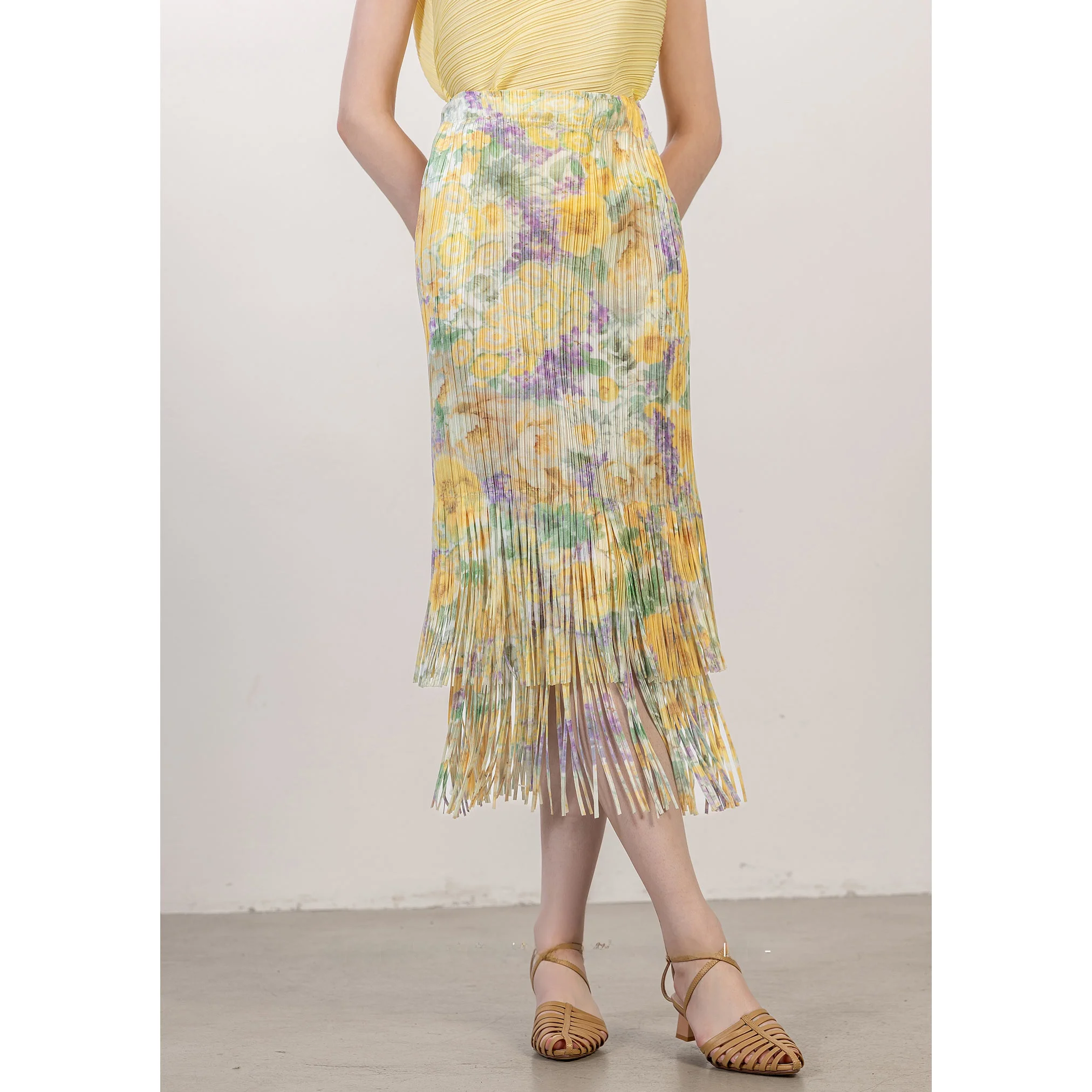 

Ele Floral Print Slimming Midi Skirt Faionable Tassel Detail Polyester Fiber Pleated Long Skirt for Women