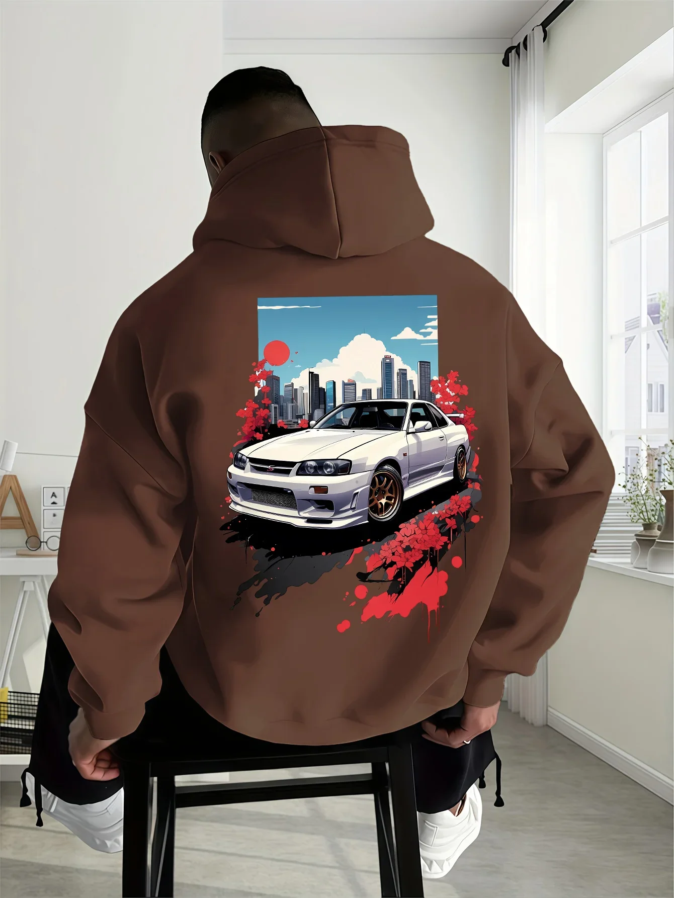 Trendy Versatile Loose Retro Japanese Performance Car Red Floral Splash Art Design Oversized Hooded Sweatshirt Men Women