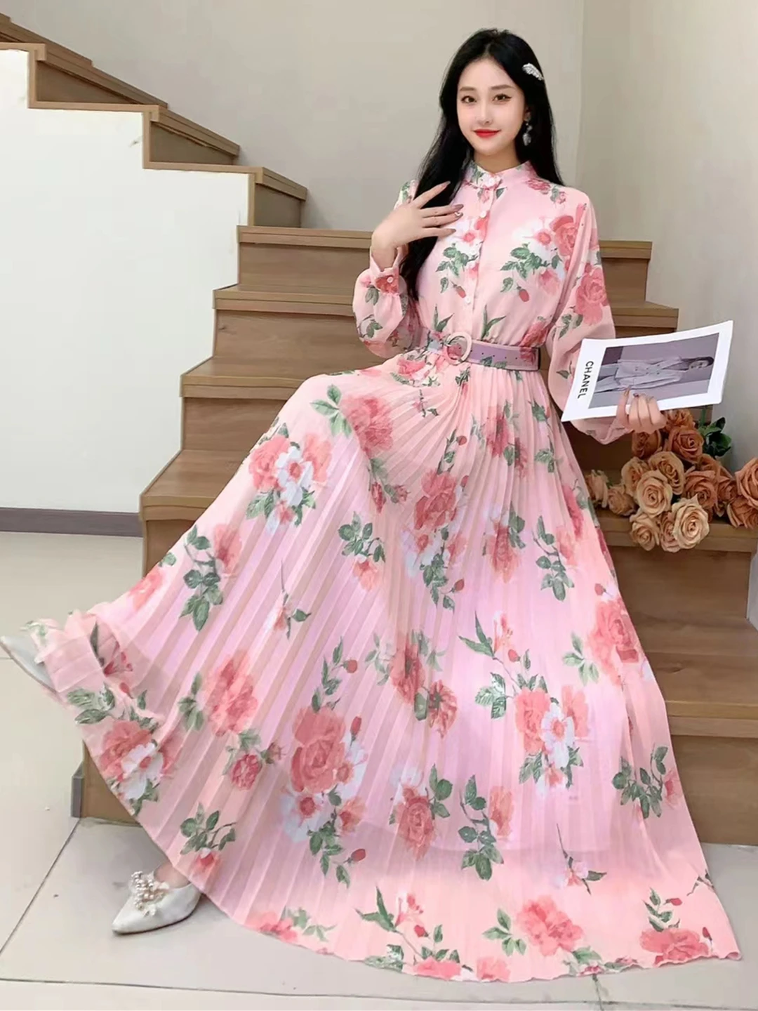 2024 New Spring Autumn Women Long Sleeve Belt Slim Long Dress High Quality Sweet Flowers Print Pleated Big Hem Chiffon Dress