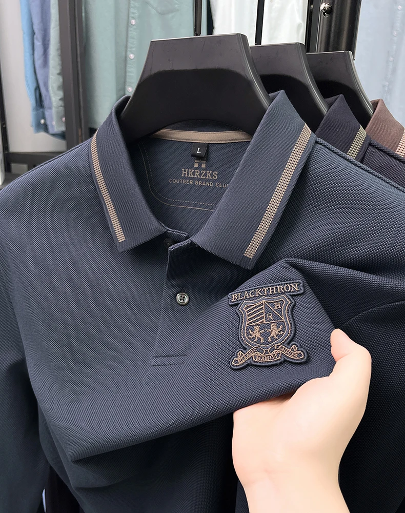 High quality fashion men long sleeve polo shirt top brand emblem embroidery 100% pure cotton casual comfort spring trend T-shirt