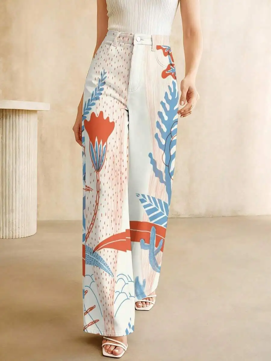 

High-Waist Wide Leg Printed Denim Pants Women Casual Bohemian Style Summer Trousers