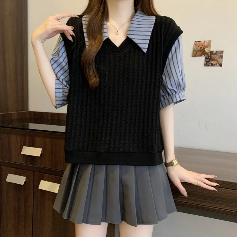 Fake two-piece blouse plus size women's summer new design sense blue striped shirt splicing short-sleeved sweater