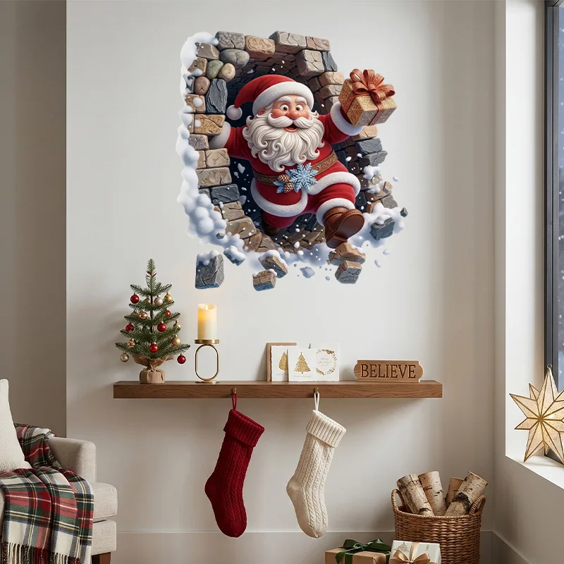 Christmas Day 3D Santa Claus Arrival Gift Wall Sticker Static Glass Door Decoration Sticker Self-Adhesive Atmosphere