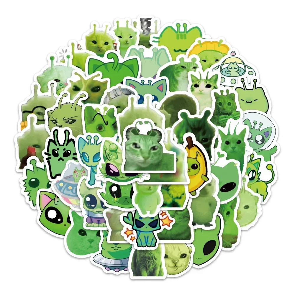 200pcs Funny Alien Cat Meme Stickers Green Alien Decals For Phone Laptop Suitcase Notebook Skateboard Alien Cat Stickers