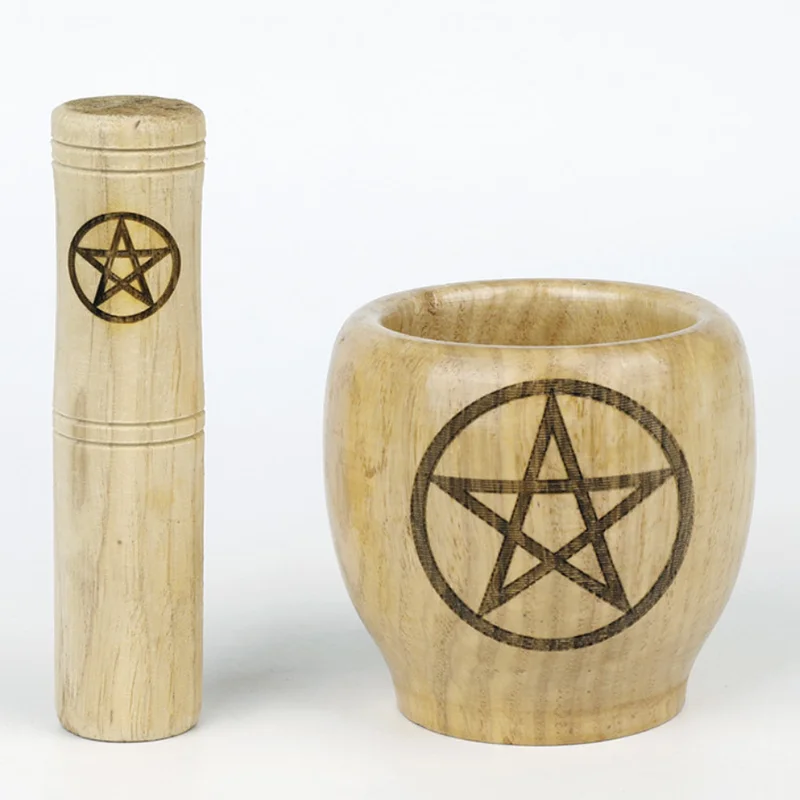 Wooden Mortar Pestle Set with Pentagram Pentacle Triple Moon Pattern Altar Ornament Witchcraft Supplies