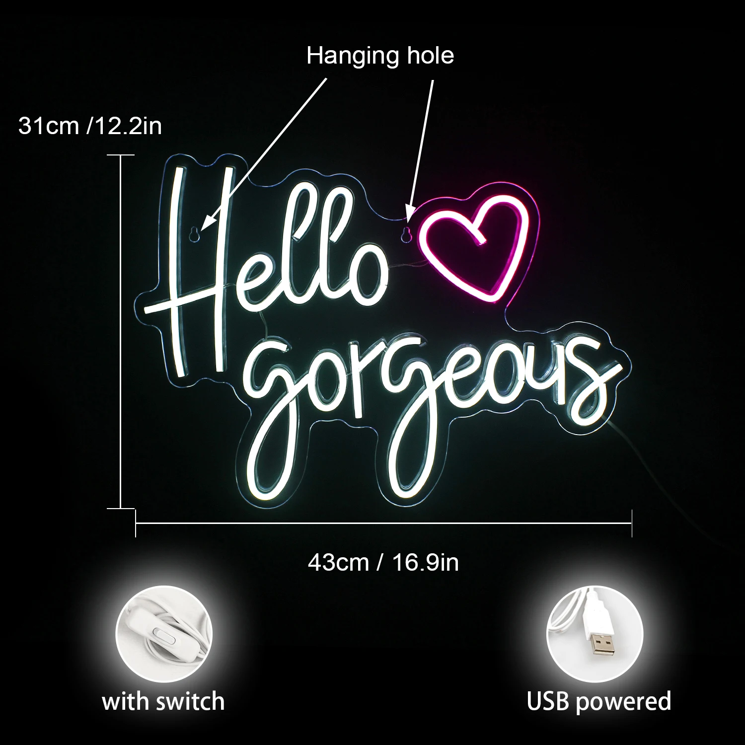 Enseigne au néon LED Hello Gorgeous, enseigne lumineuse pour décoration murale, fête d'enterrement de vie de jeune fille, anniversaire, fiançailles, mariage, USB