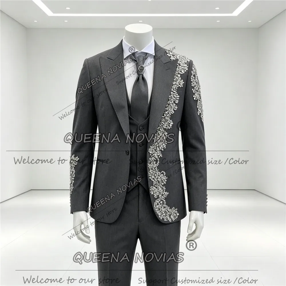 Classic Grey Suit Man For Wedding Diamond Beaded Prom Blazers Customized 3 Piece Sets Single Breasted Groom Tuxedos Party Outfit