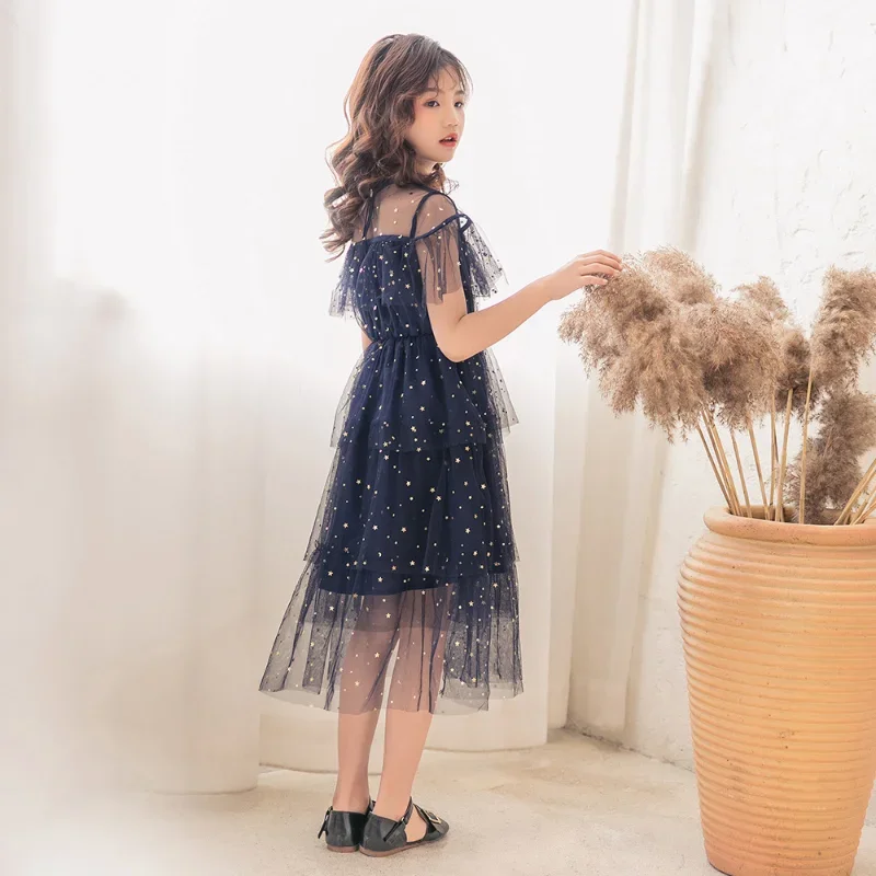 Temperament Girls Tulle Cake Dress Star Moon Sequins Gauze Princess Dress Dark Blue Fairy Birthday Party Dresses