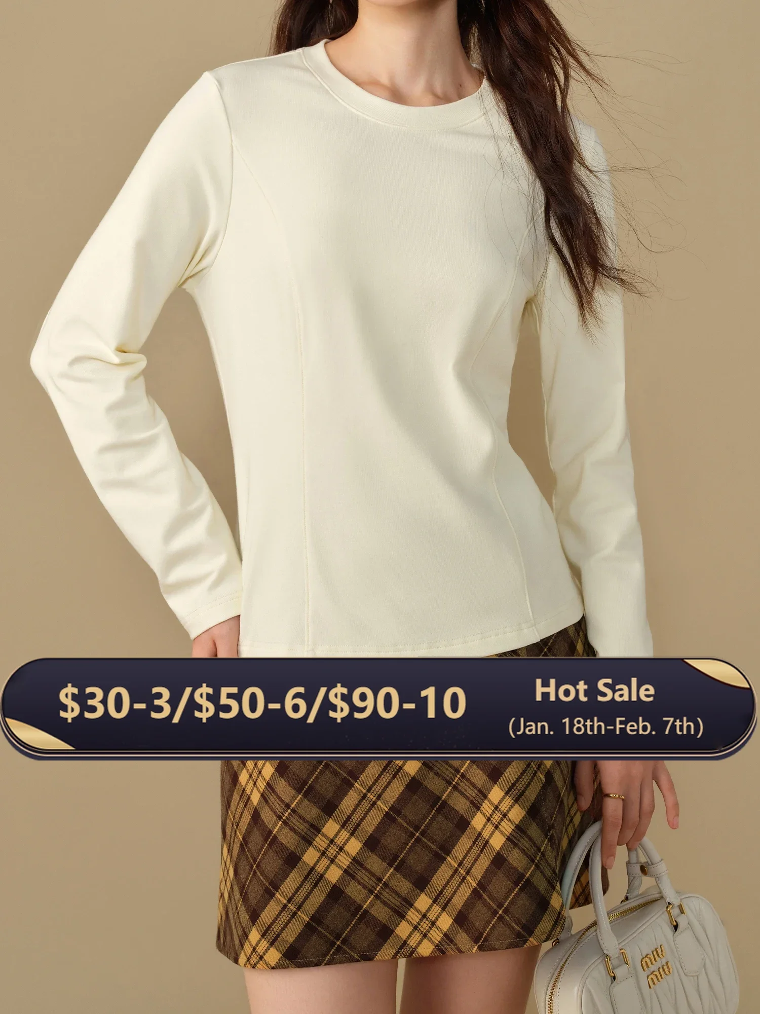 

DUSHU Women Beige Long Sleeve Top Femake Winter Warm Round Neck Pullover Top Brushed Lining Strech Long Sleeve T-Shirt 24DS84357