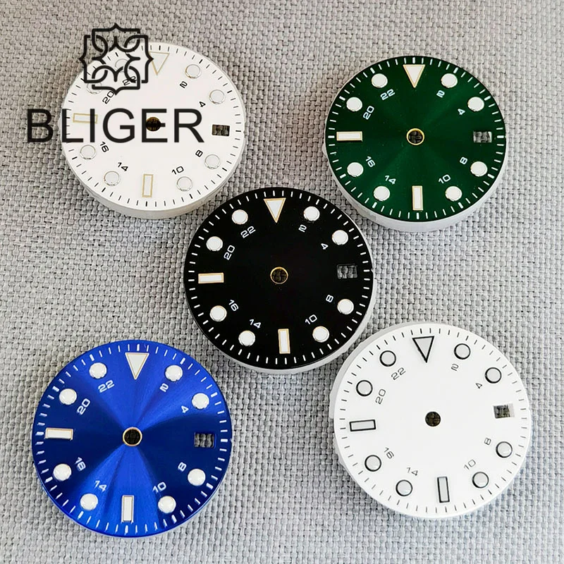 BLIGER 29mm Watch Dial Black White Blue Black Silver Edge Time Mark Green/Blue Luminous Dial Fit NH34 NH35 Movement Date Window