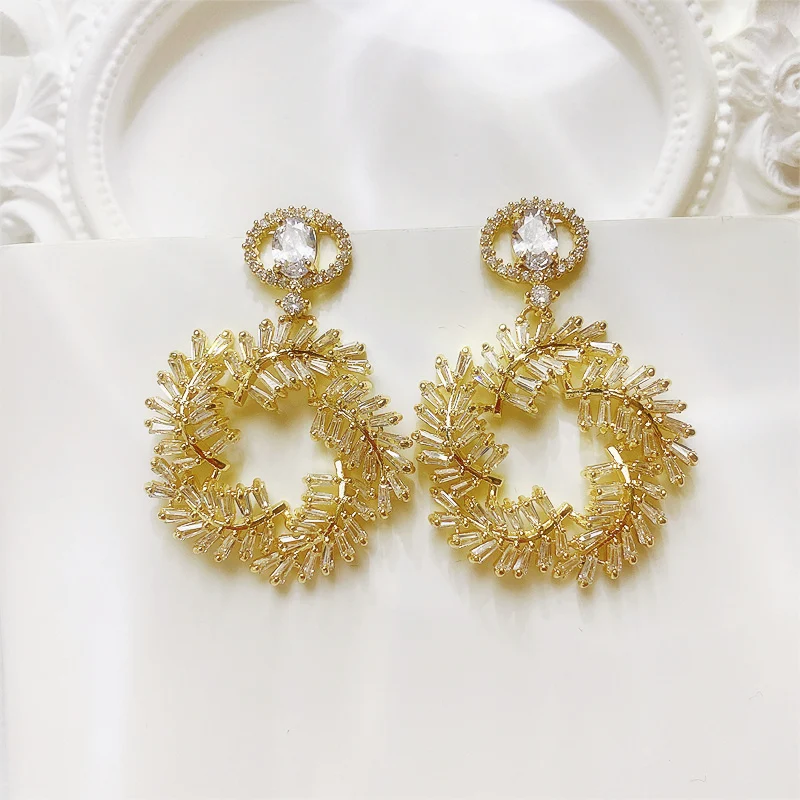 925 Stud Drop Earrings For Women Gold Color Fashion Micro Inlaid Elegant Hoop Zircon Unique Personality Party Daily Accessories